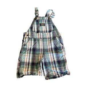 OshKosh Boys Overall Shorts Size‎ 24m Baby Green Blue Plaid VestBak Cotton